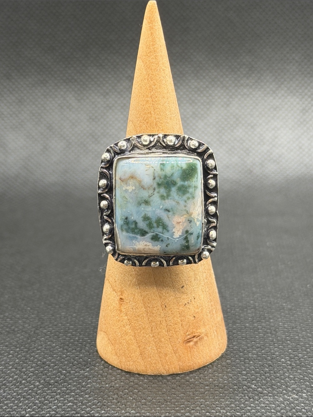 Sterling Silver  Moss Agate Statement Ring Sz 9